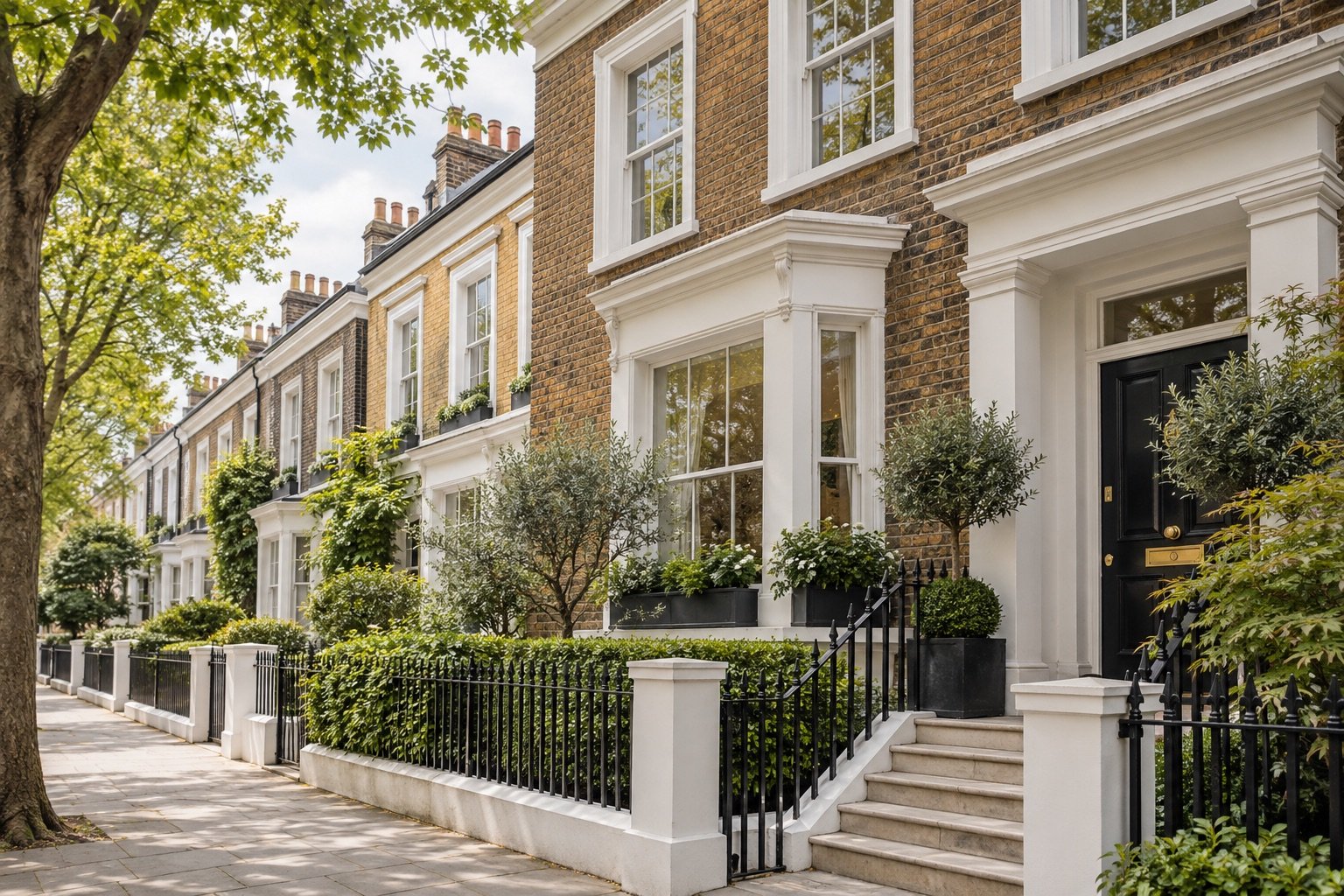 London period homes along a leafy residential street
